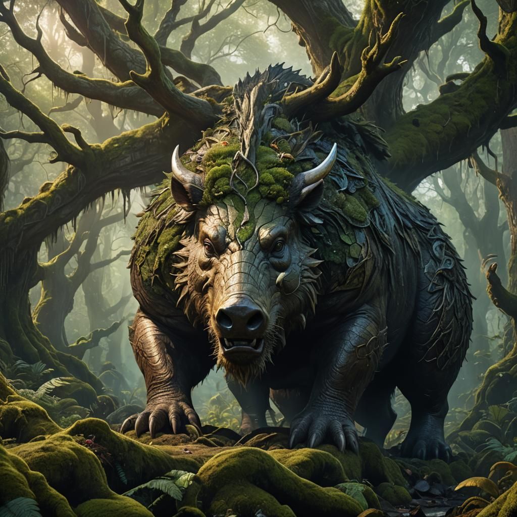 Boar-Headed Serpent Slithers Through Mystical Forest