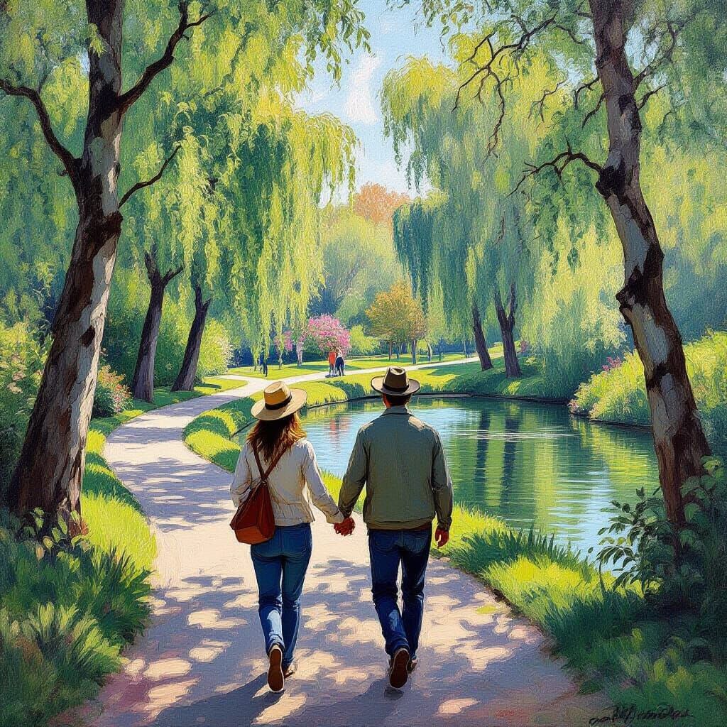 Couple Walking in Park in Impressionist Style
