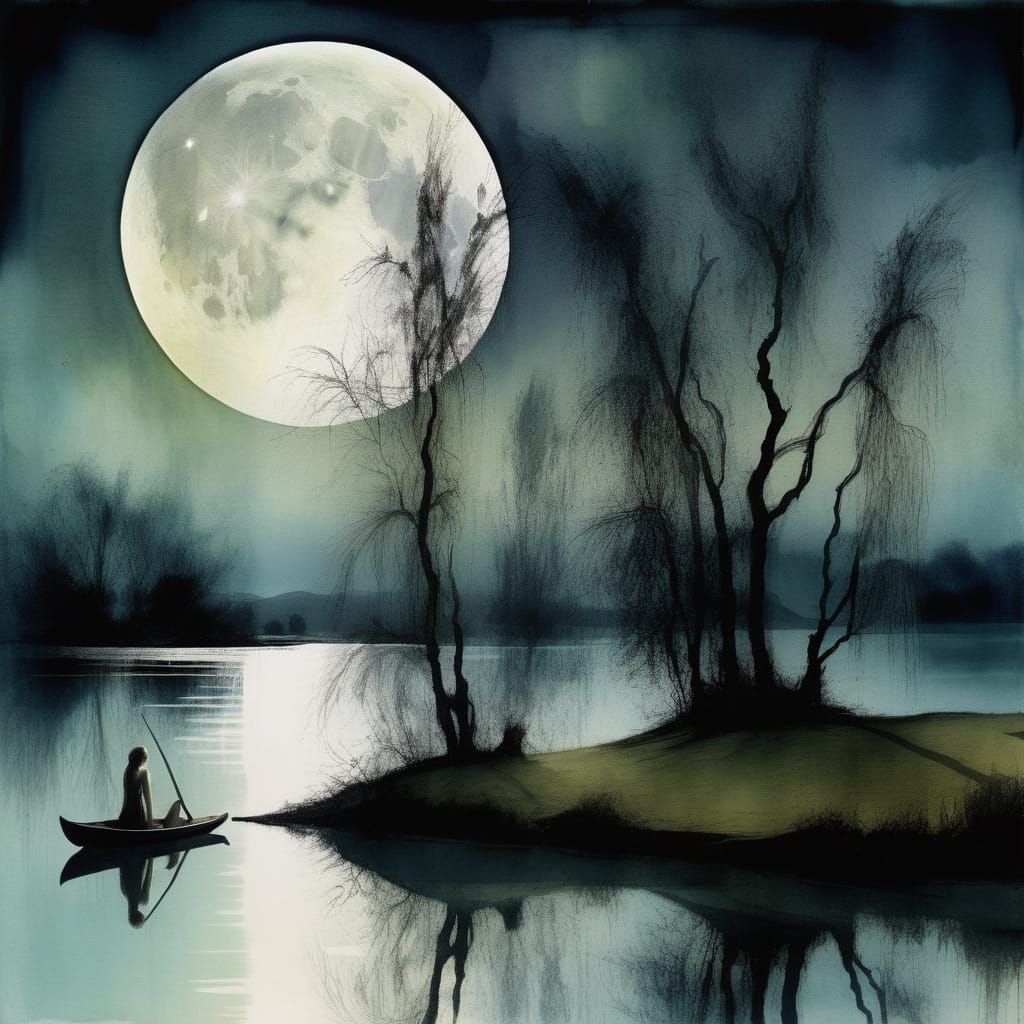 Surreal Moonlit Scene of Willows by the Lakeside in Watercol...