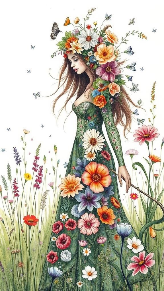 Floral Woman Walks Through Spring Meadow