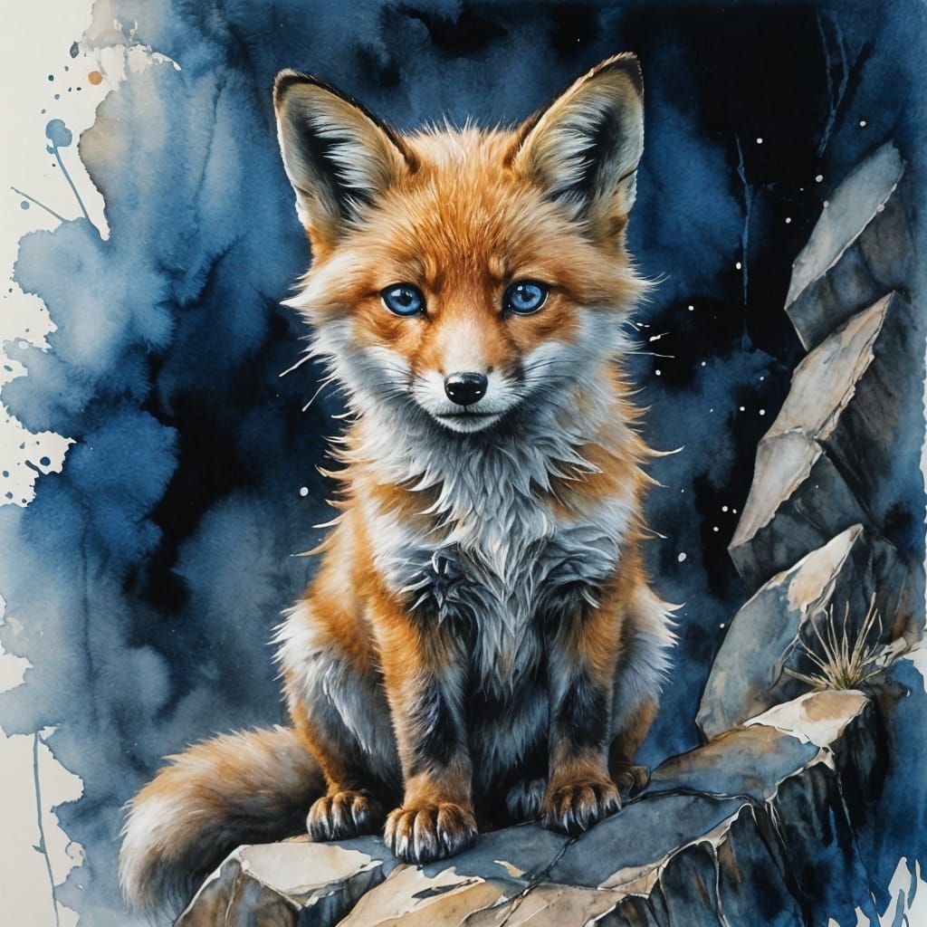 Charming Fox Cub on Rocky Ledge in Watercolor Style