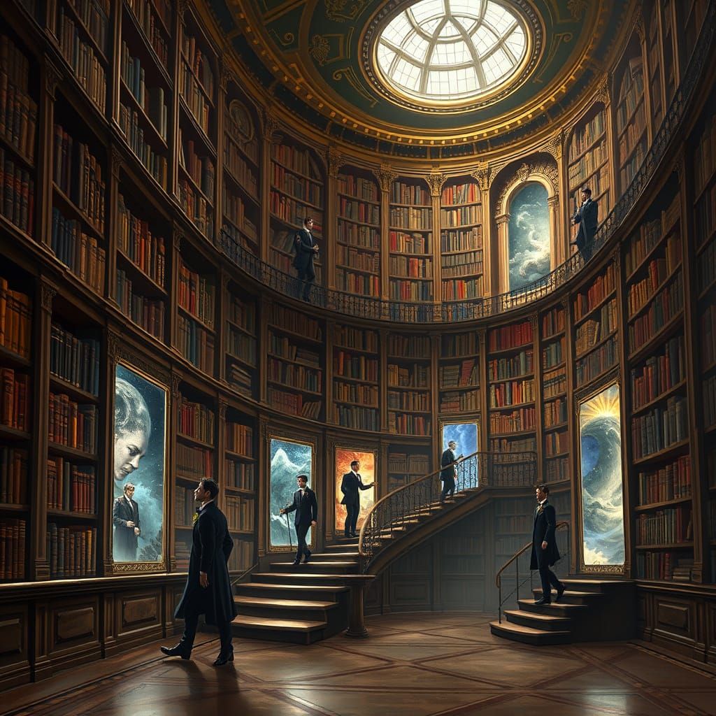 Magical Library with Portal Books in Classical Style