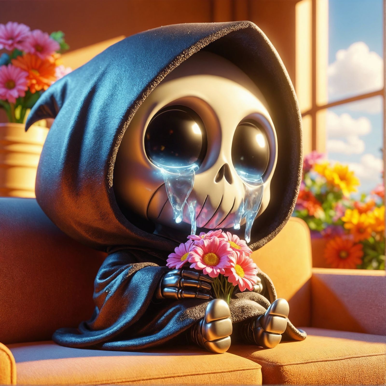 CGI Grim Reaper Weeping in Surreal Style