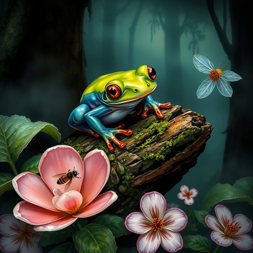 Frog and Bee in Foggy Rainforest, Digital Art
