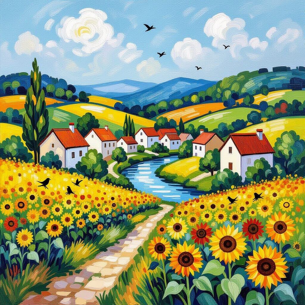 Sunflowers and Village in Van Gogh Style