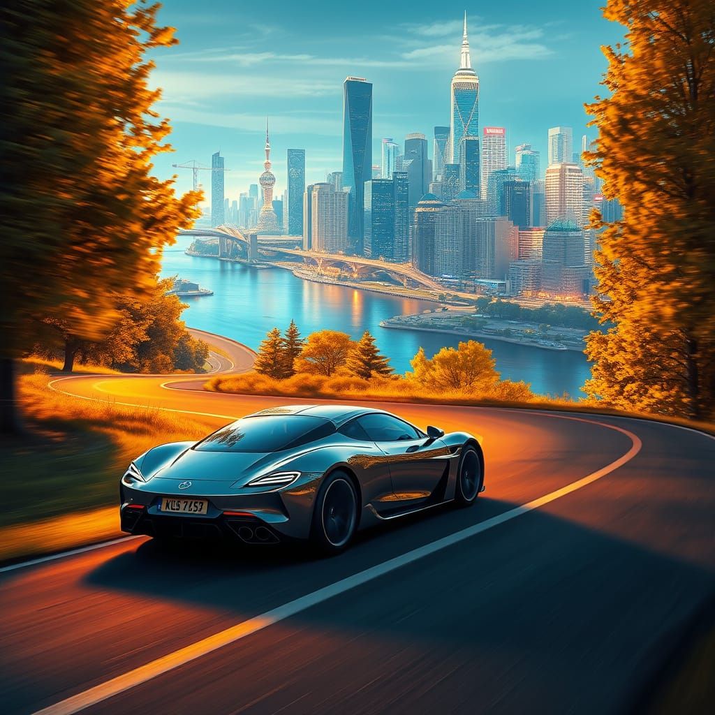Sleek Car Speeds Down Winding Country Road with Cityscape in...