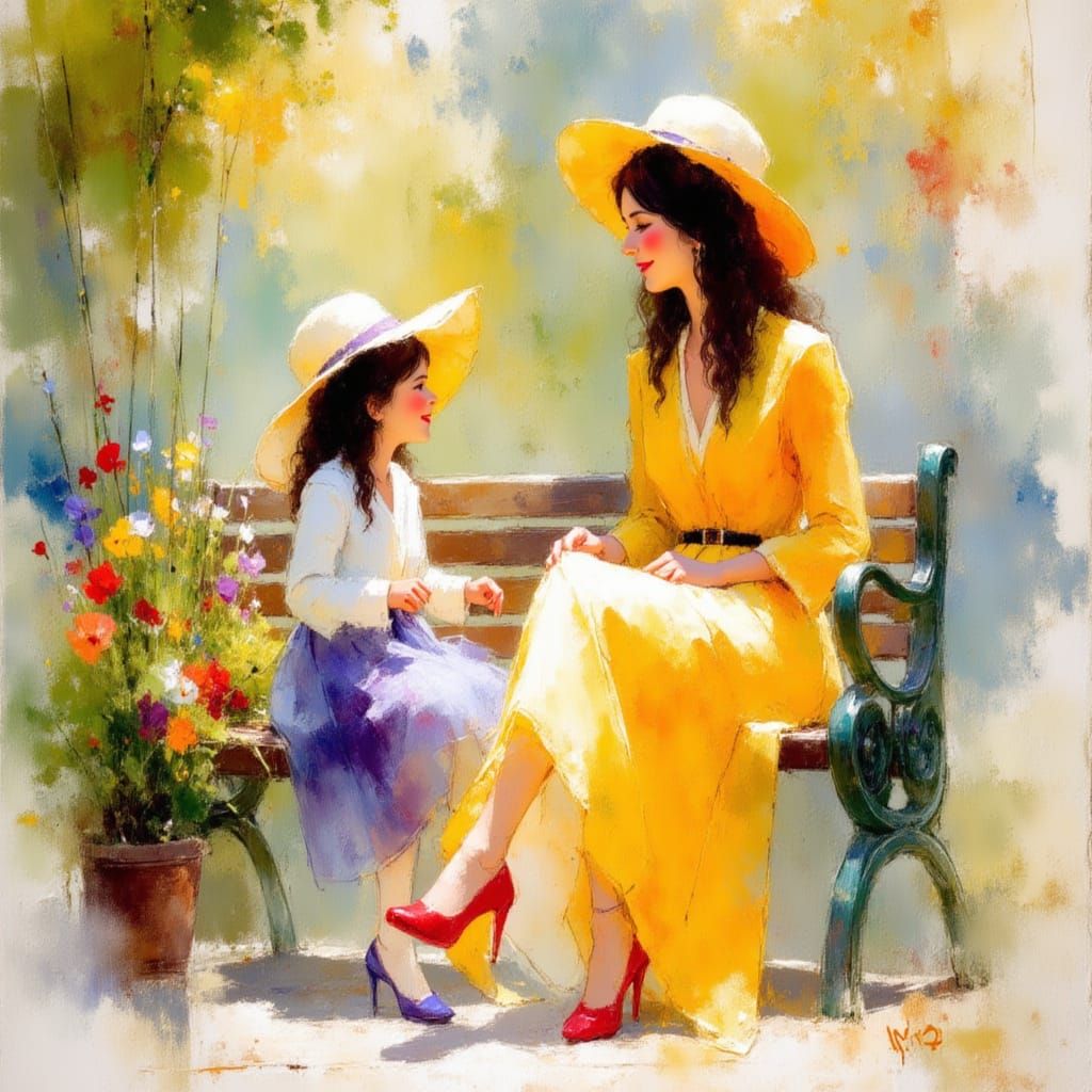 Mother and Child in a Serene Watercolor Scene