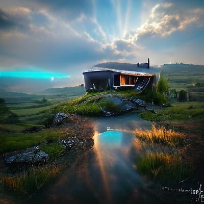 Futuristic Abandoned House in Countryside, Digital Illustrat...
