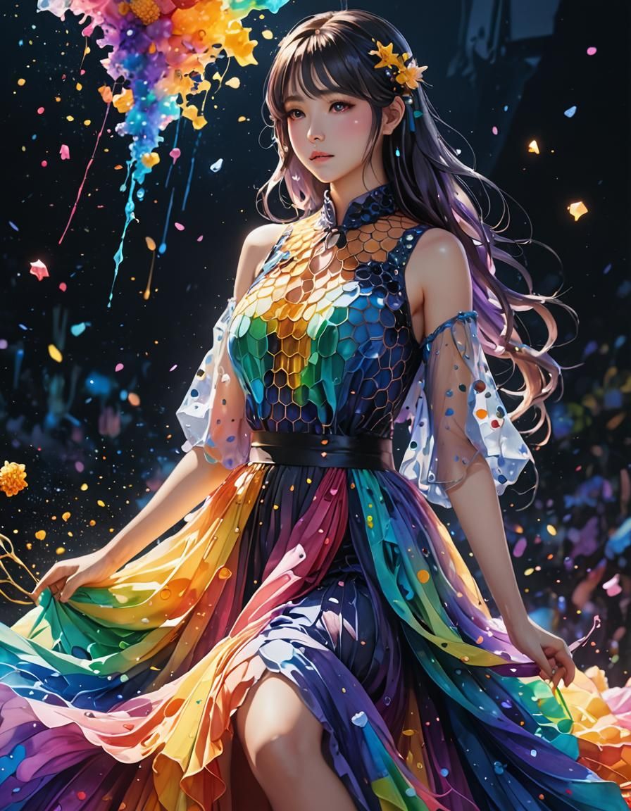 Rainbow Honeycomb Dress in 3D Anime Art Style