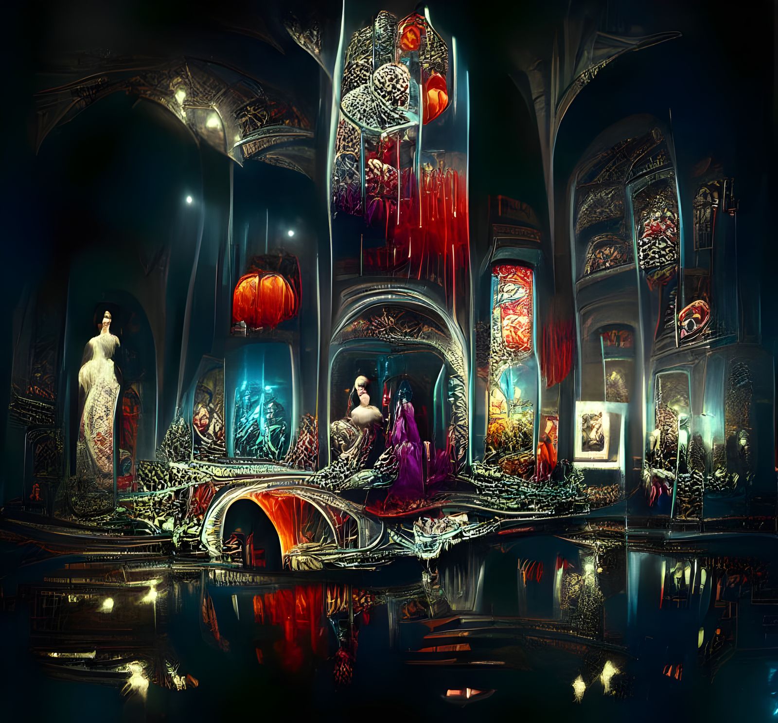 Surreal Alice in Wonderland Landscape in Stained Glass Style