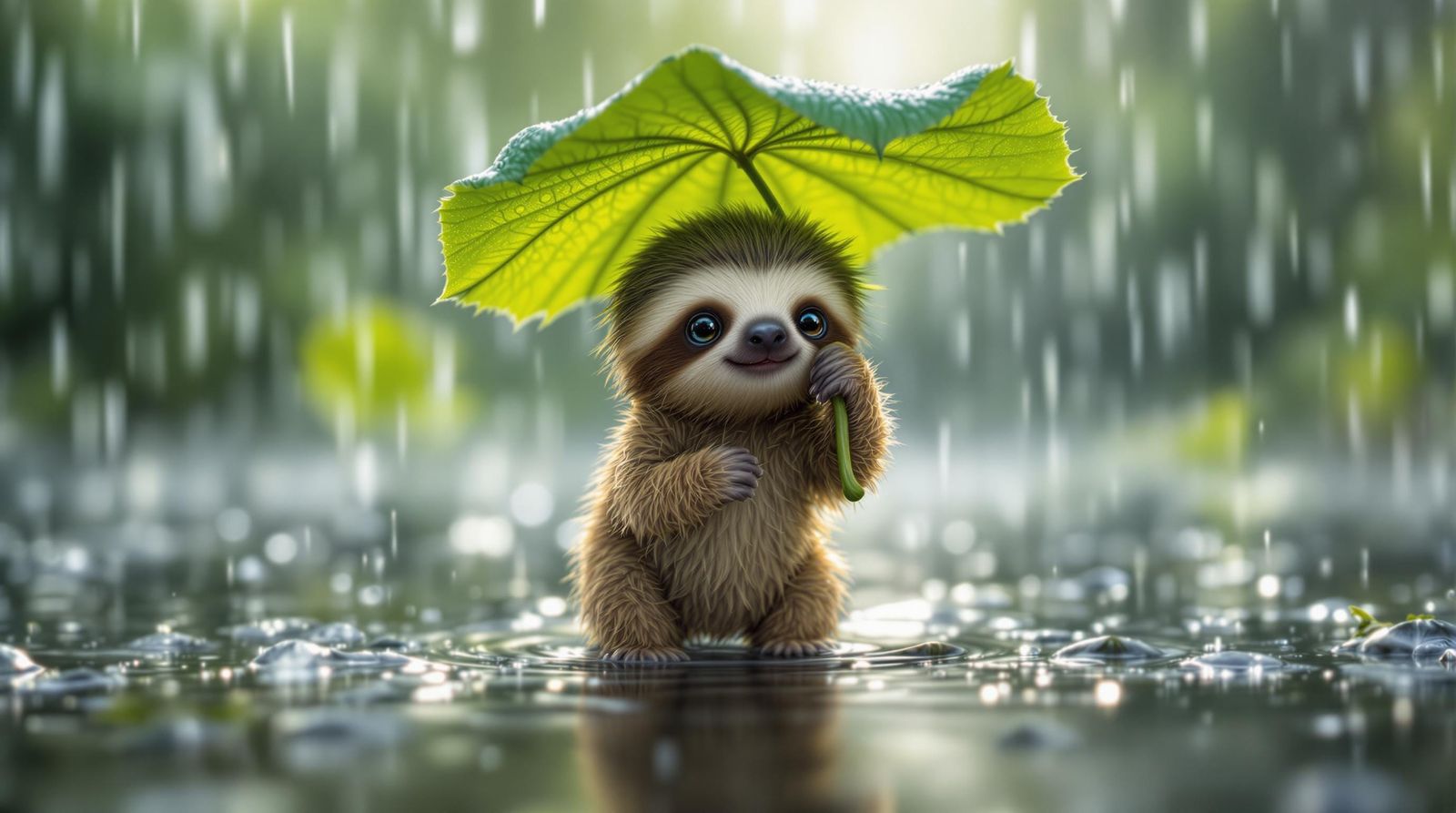 Tiny Sloth Finds Shelter Under Clover Umbrella in Downpour