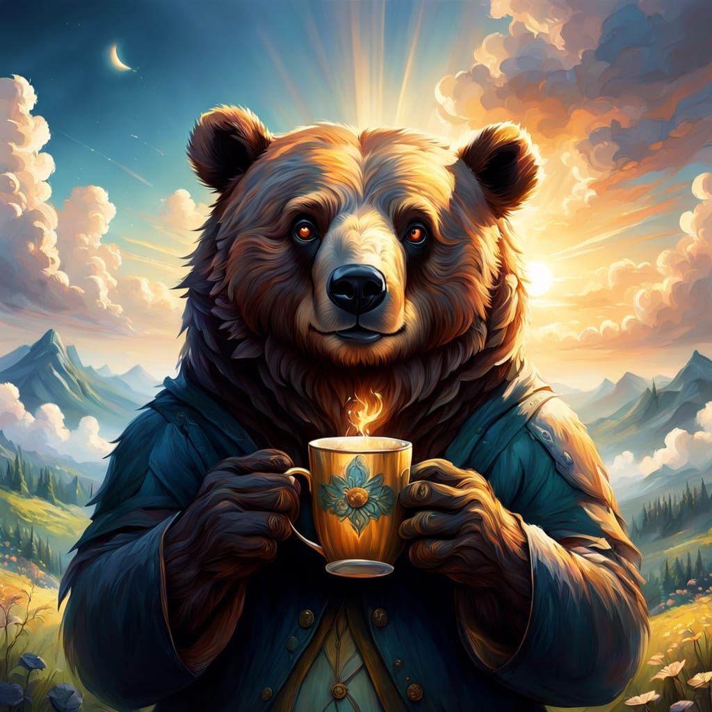 Whimsical Fantasy Bear in Dreamy Landscape