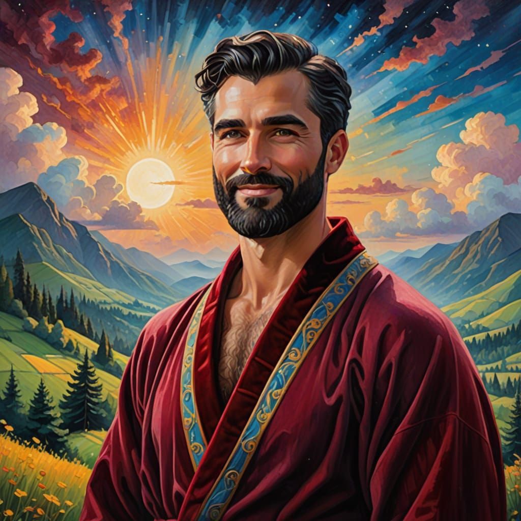 Smiling Man in Velvet Robe: Expressionist Impasto Painting