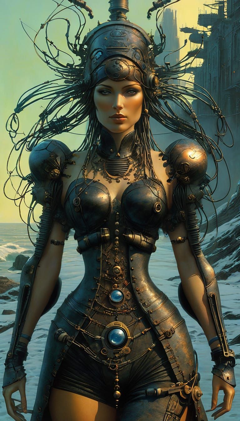 Future Femme Pirate in Distressed Leather Attire with Mechan...