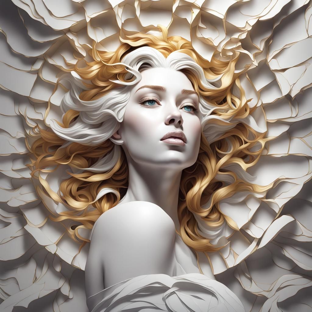 Porcelain Woman with Golden Halo: Art Nouveau Portrait