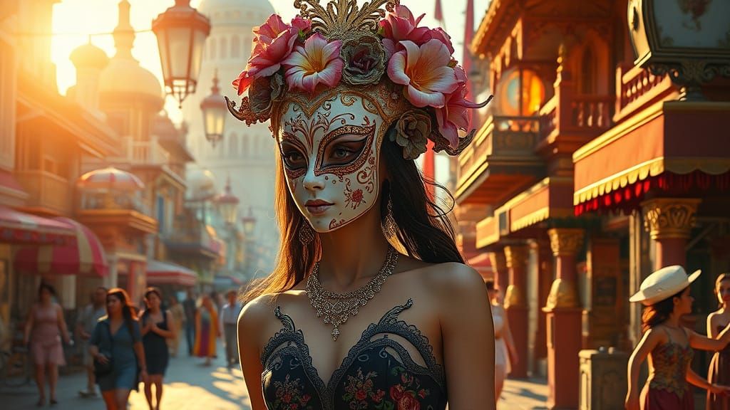 Ornate Masked Woman in Vibrant Art Nouveau City