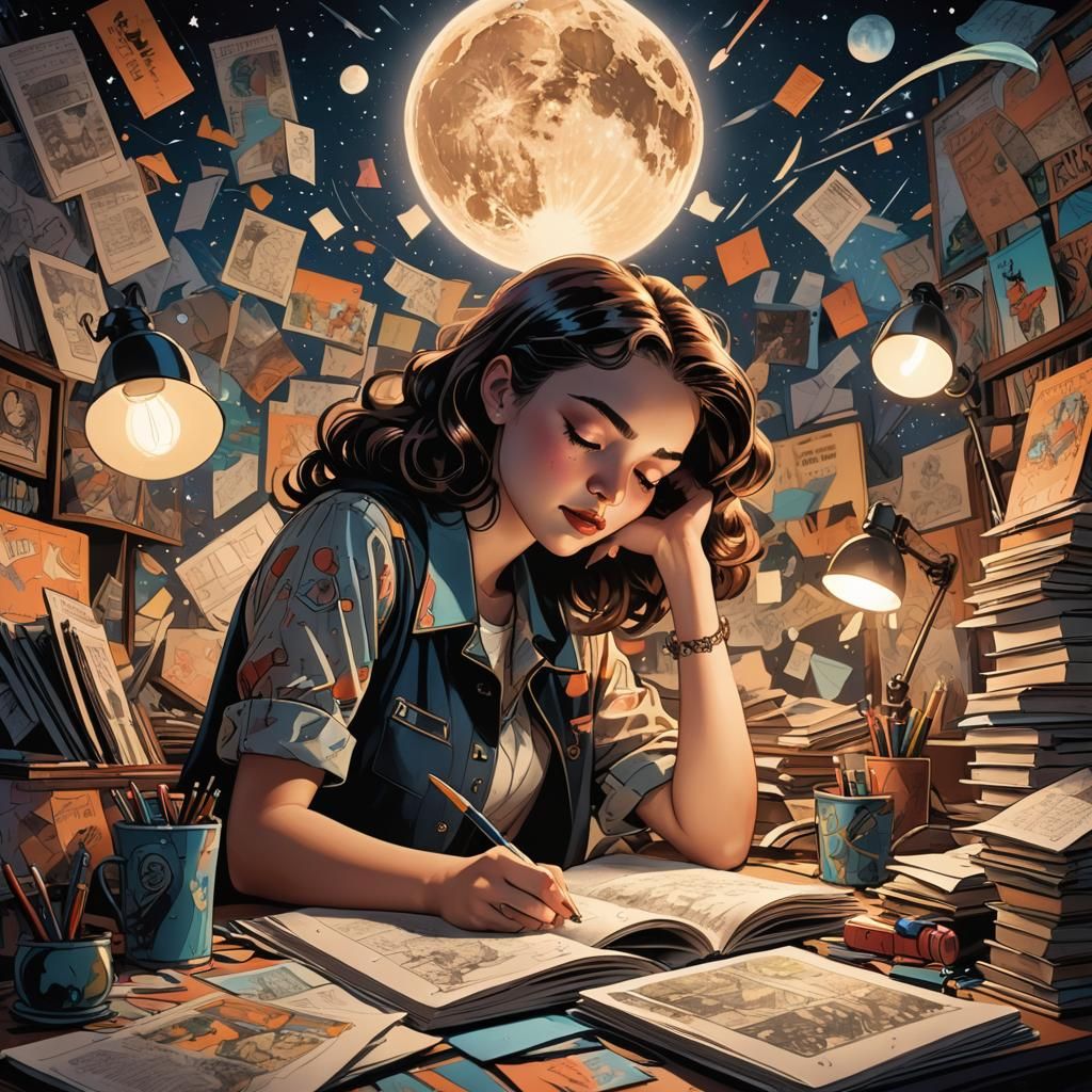 Art Deco Dream: Girl Sleeping Surrounded by Comics