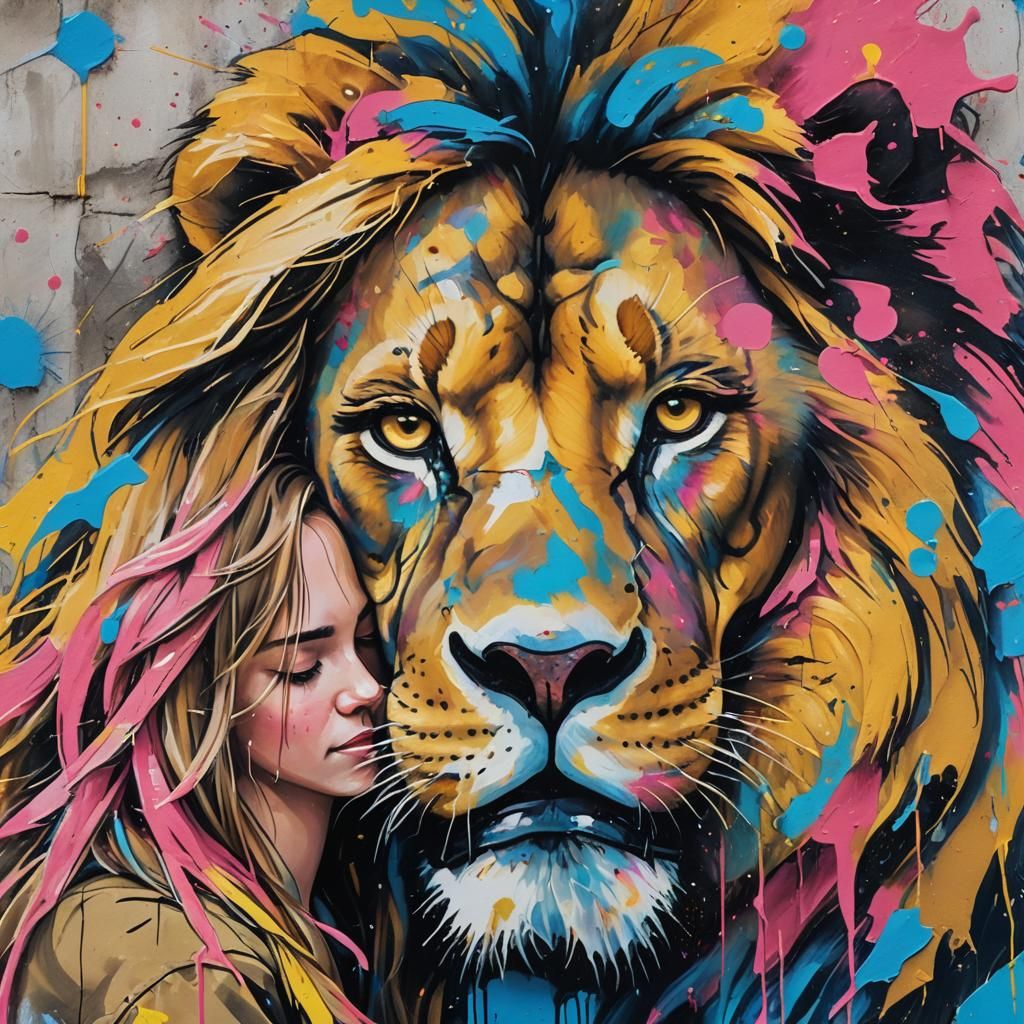 Girl and Lion Portrait in Street Art Style