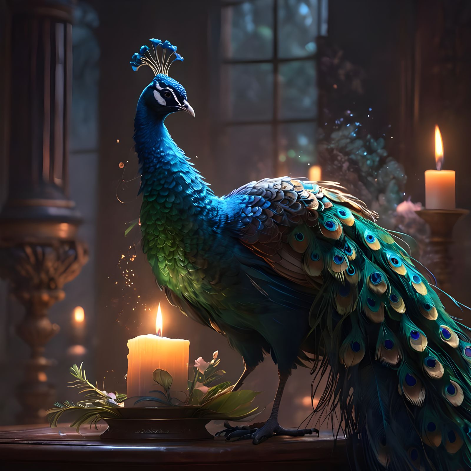 Mystical Peacock Illuminated by Soft Candlelight