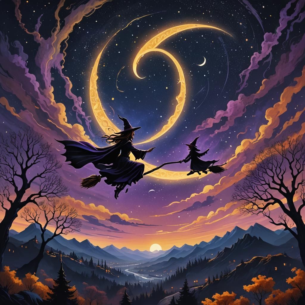 Witch Flying on Broomstick in Dark Fantasy Style