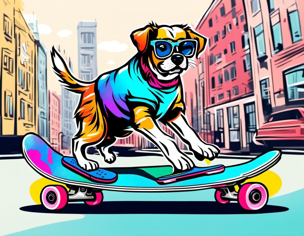 Dog Skateboarding in Colorful City
