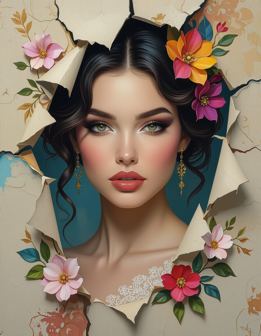 Fantasy Woman Emerging from Canvas with Colorful Hair