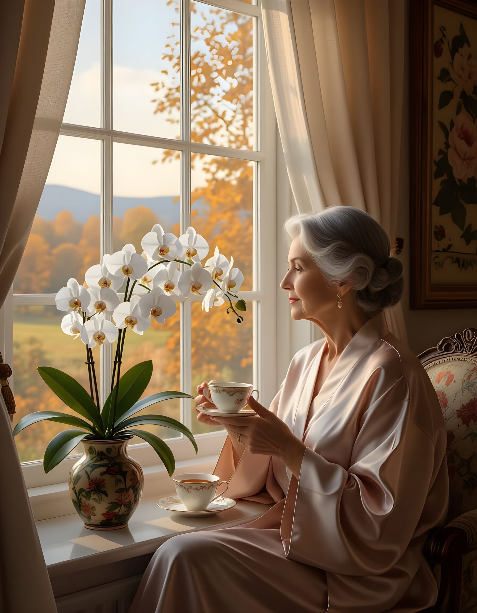 Elderly Woman Admiring Autumn Scenery with Orchids