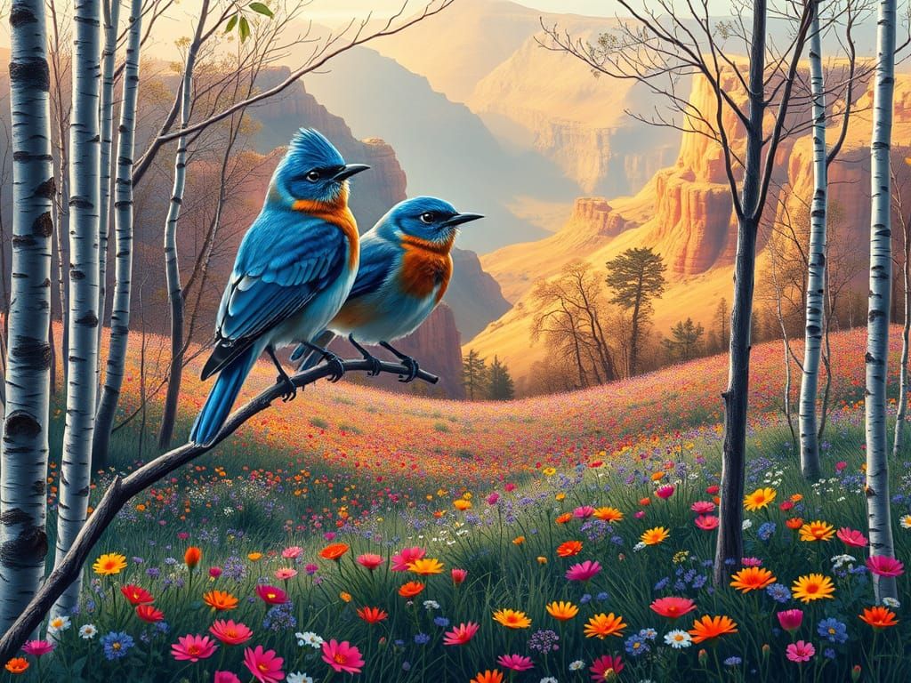 Serenely Perched Eastern Bluebirds in a Hyper-Realistic Land...