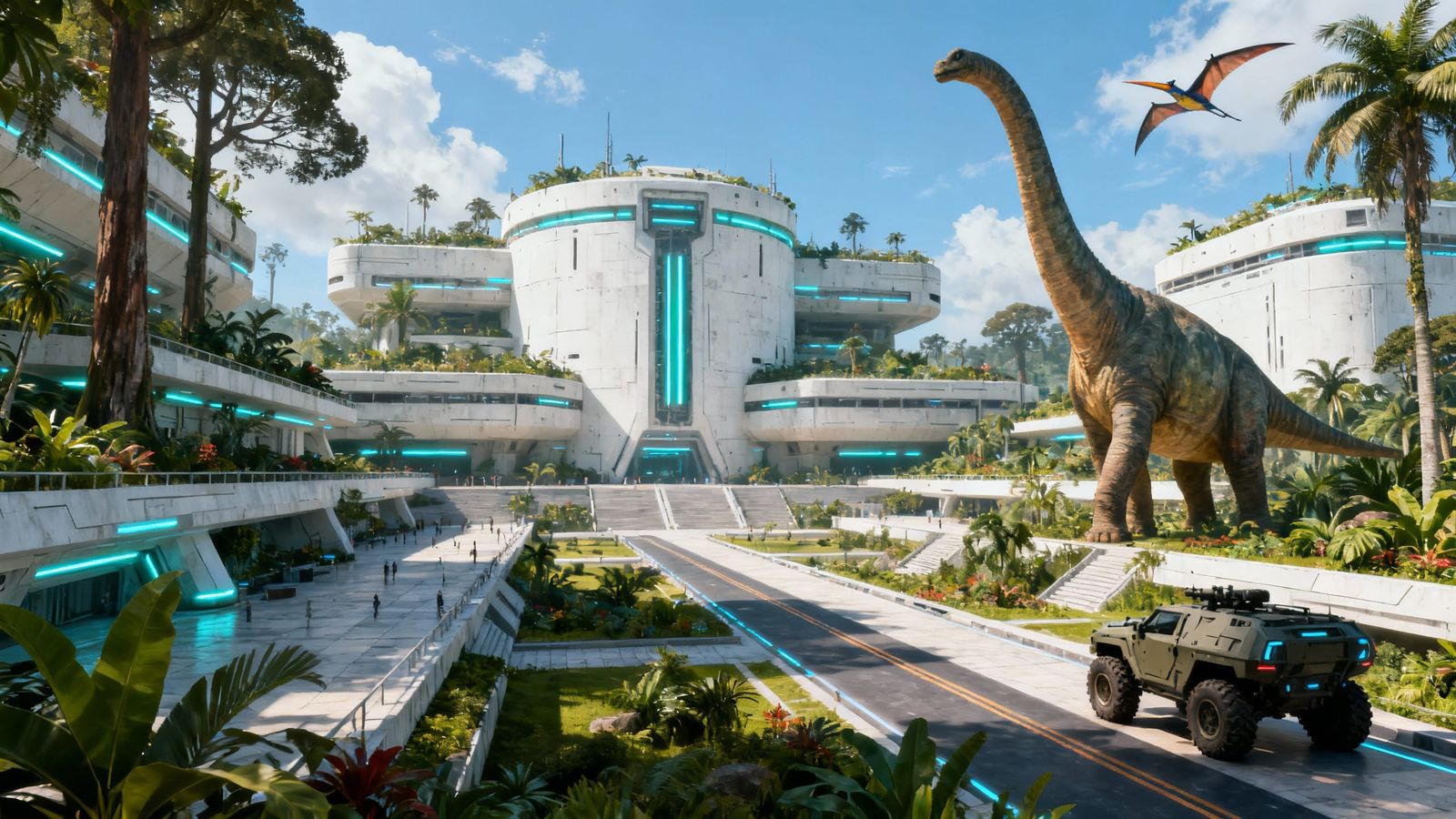 Futuristic Cityscape with Brutalist Architecture and Lush Ju...