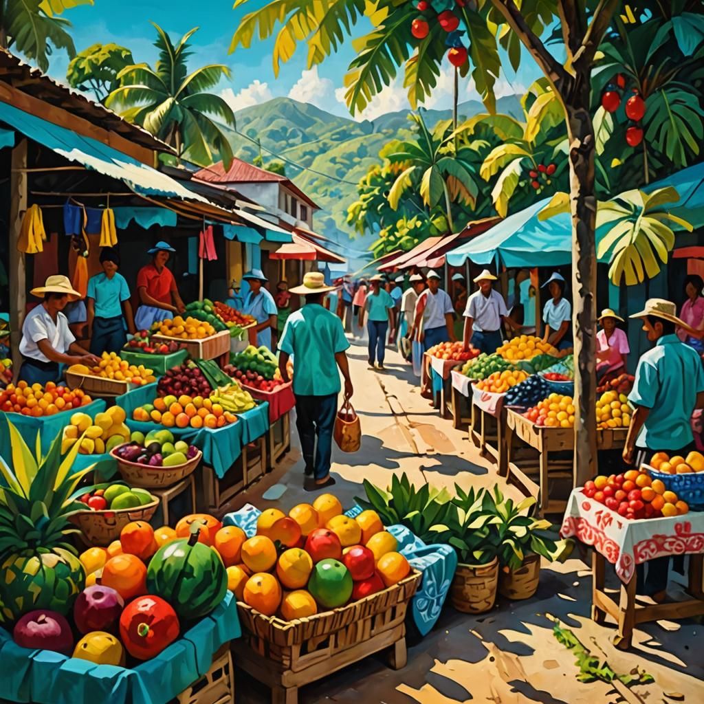 Honduras Market in Gauguin Style: Tropical Landscape
