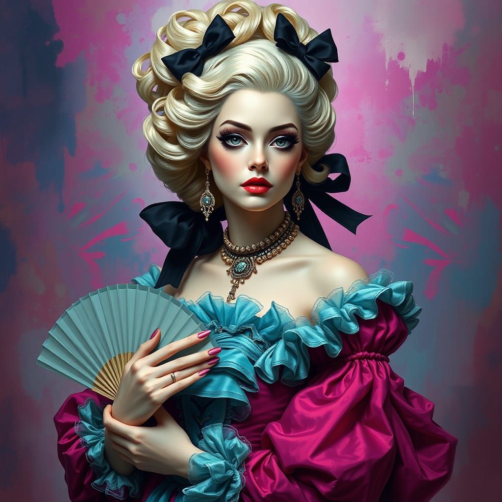 A mesmerizing digital drawing by MegB. captures a Rococo-inspired female figure exuding an ethereal spiritual aura. The ...