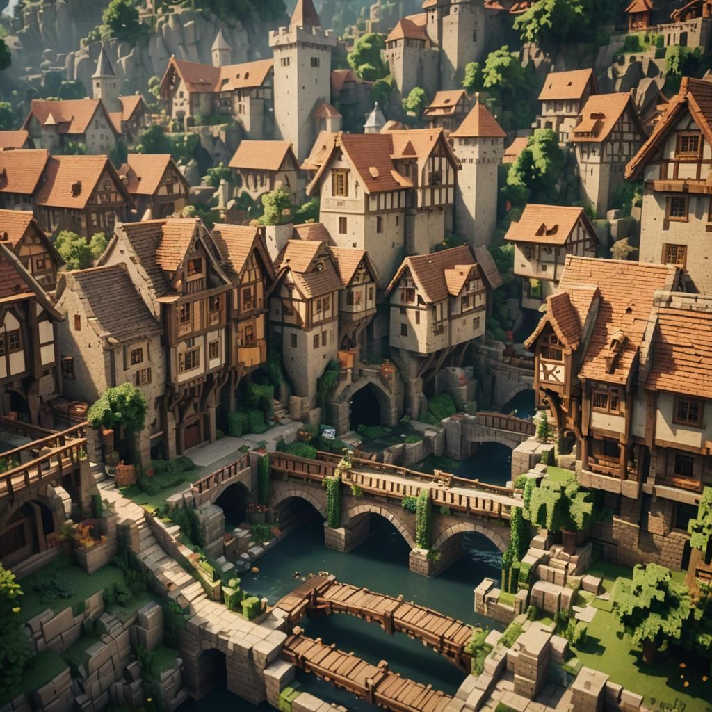 Minecraft-Inspired Medieval Cityscape in Warm Light