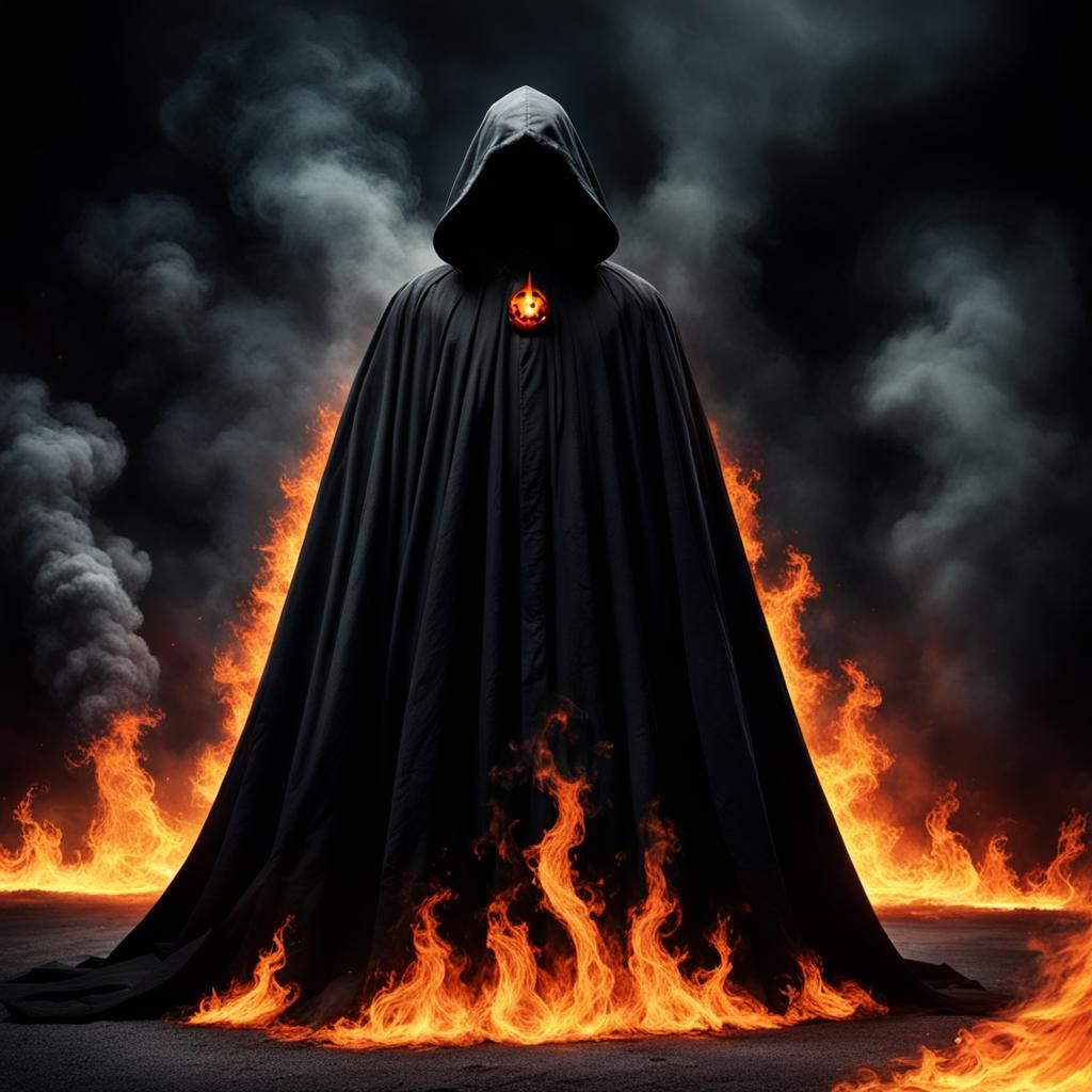 Ominous Figure with Fiery Eyes Before Haunted House