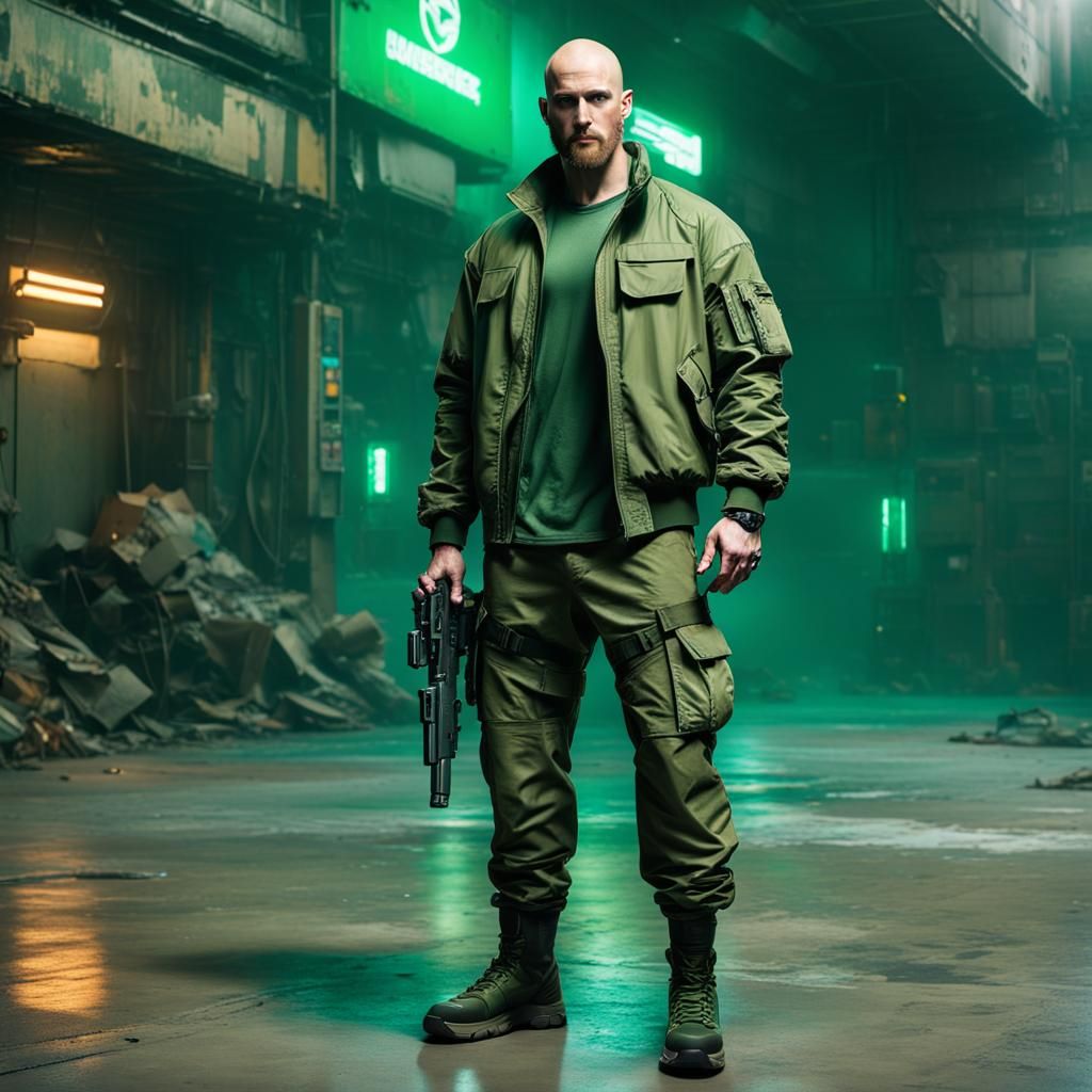 Cyberpunk Soldier with Pistol in Neon Cityscape