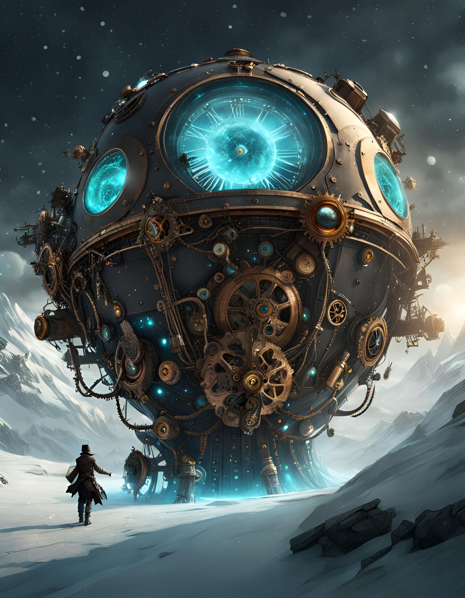 Steampunk Codex with Bioluminescent Gears, Fantasy Art