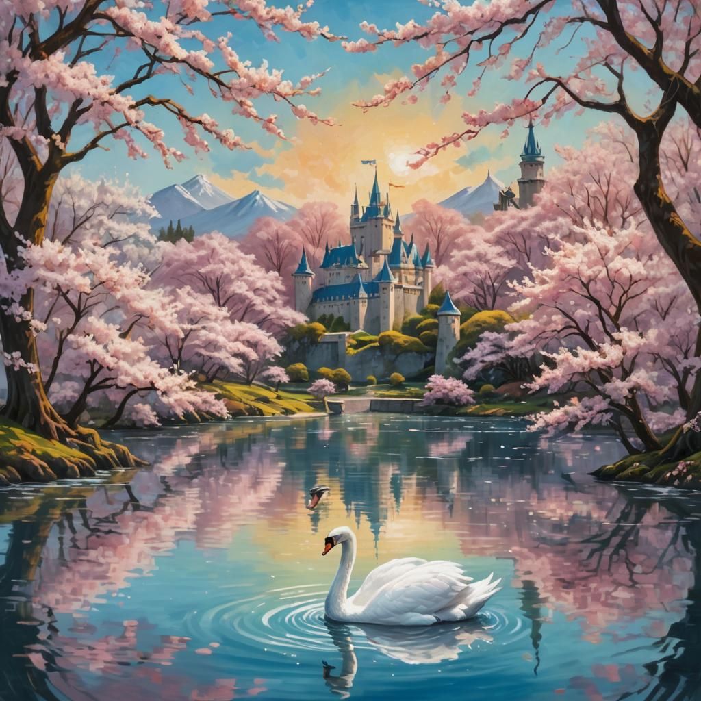 Swan Gliding on Lake with Cherry Blossoms