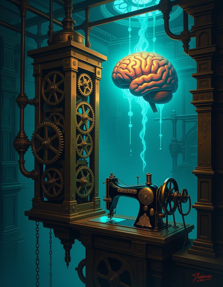 Surreal Steampunk Elevator Sewing Machine Ascends to Abstrac...