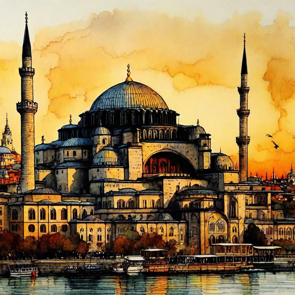 Hagia Sophia: Vintage Ink Painting in Romantic Realism