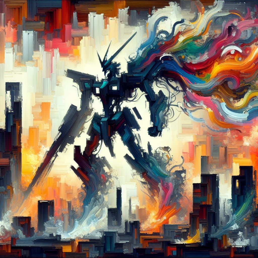Mecha Silhouette City Destruction with Impasto Brushwork