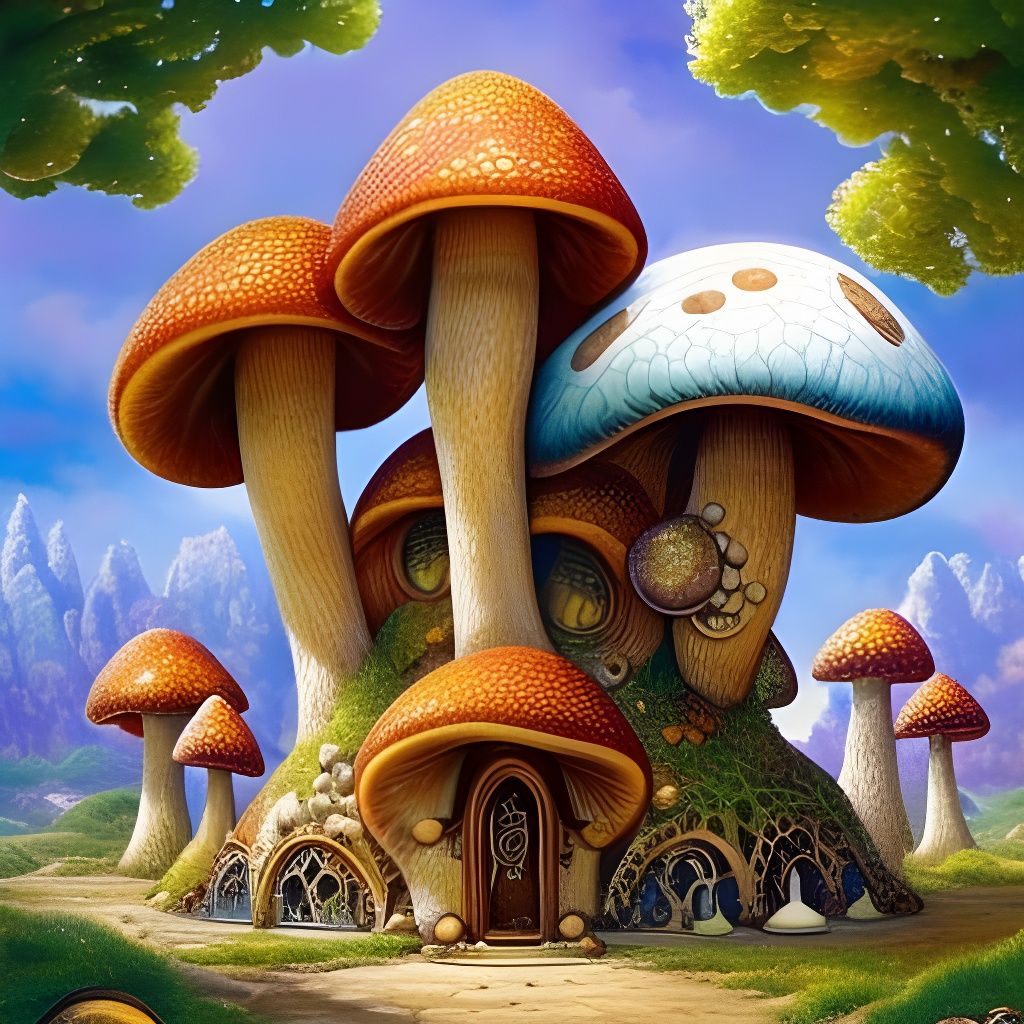 Fairytale Mushroom Mansion: Detailed Fantasy Illustration