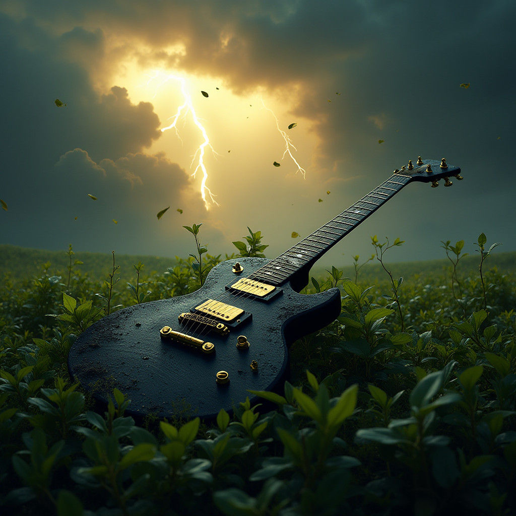 Electric Guitar in Overgrown Grass During Thunderstorm