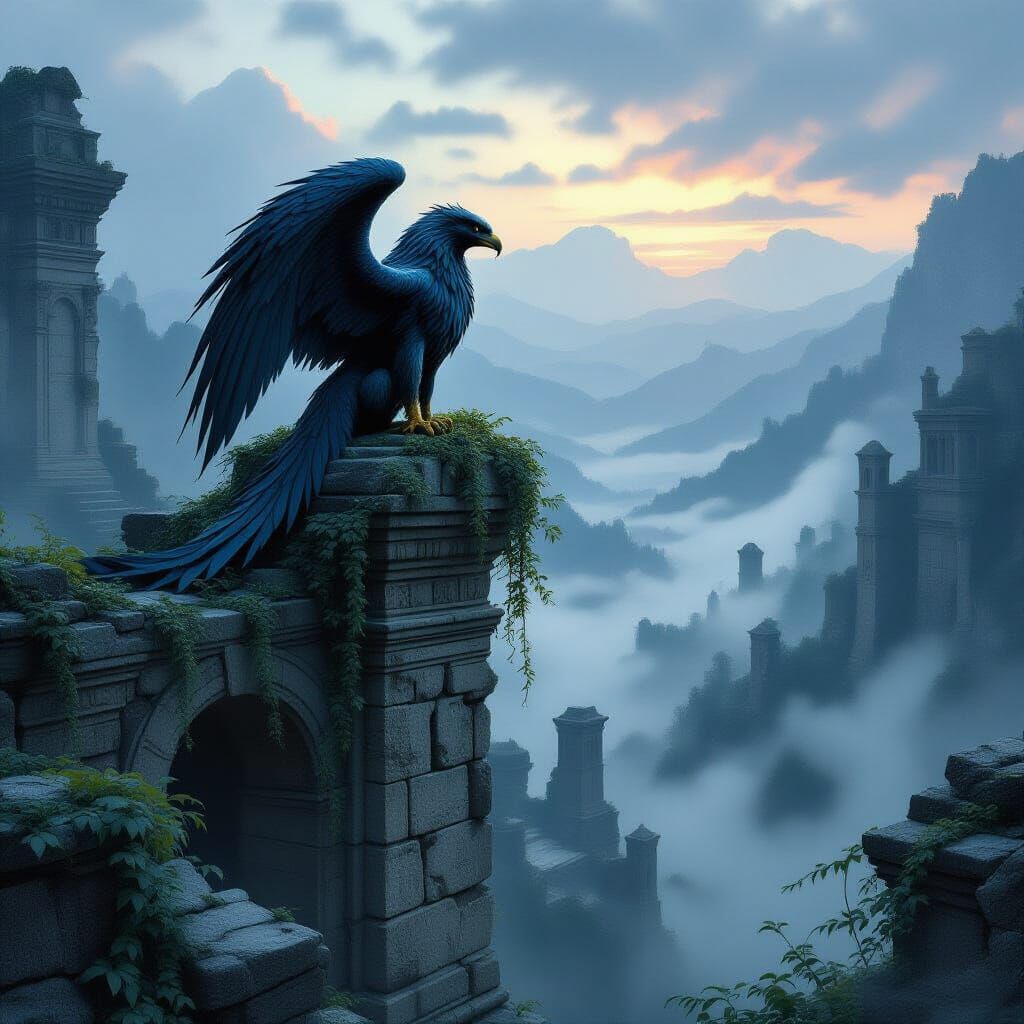 Majestic Griffin Overlooking Misty Valley at Twilight