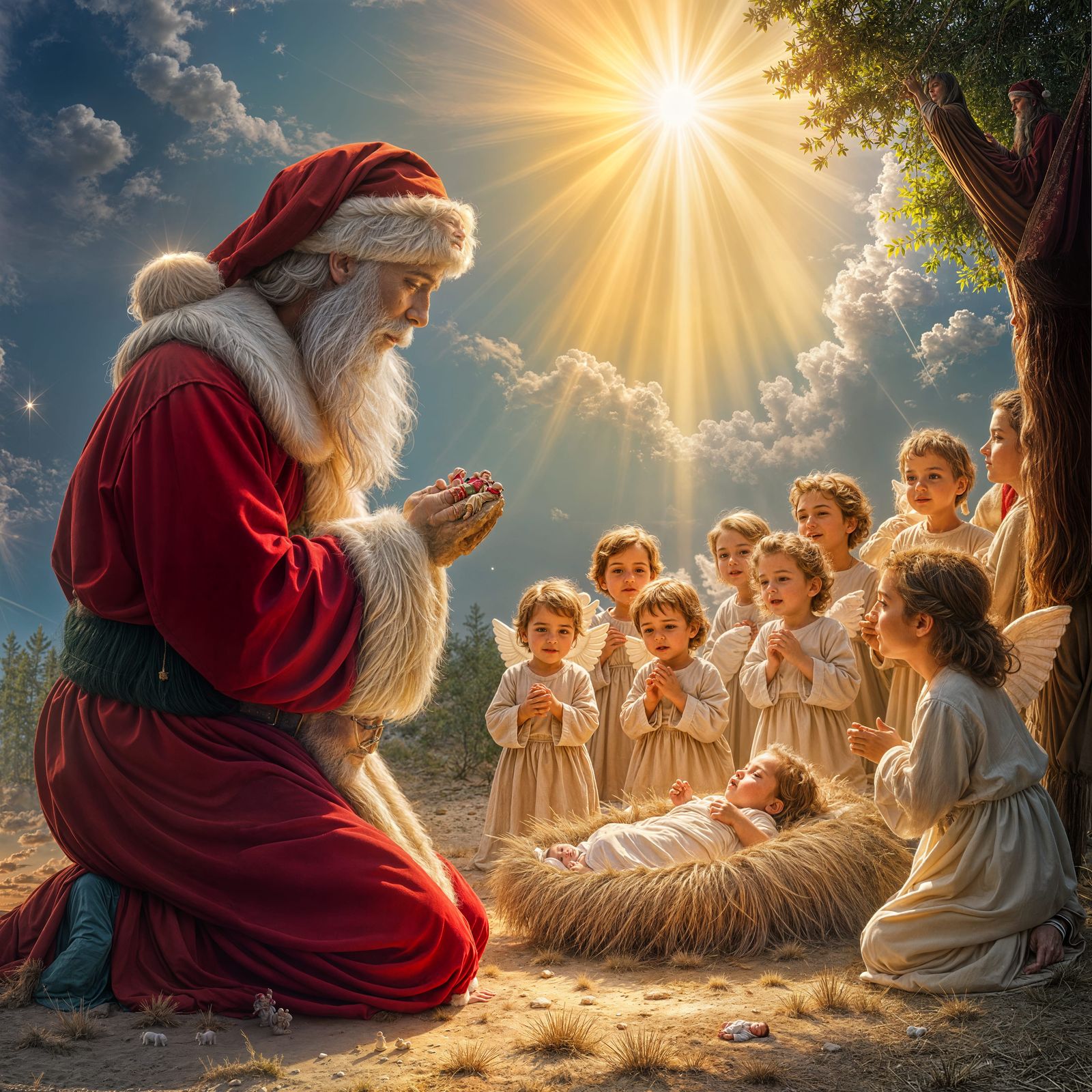 Surreal Christmas Scene with Santa Claus and Baby Jesus Chri...