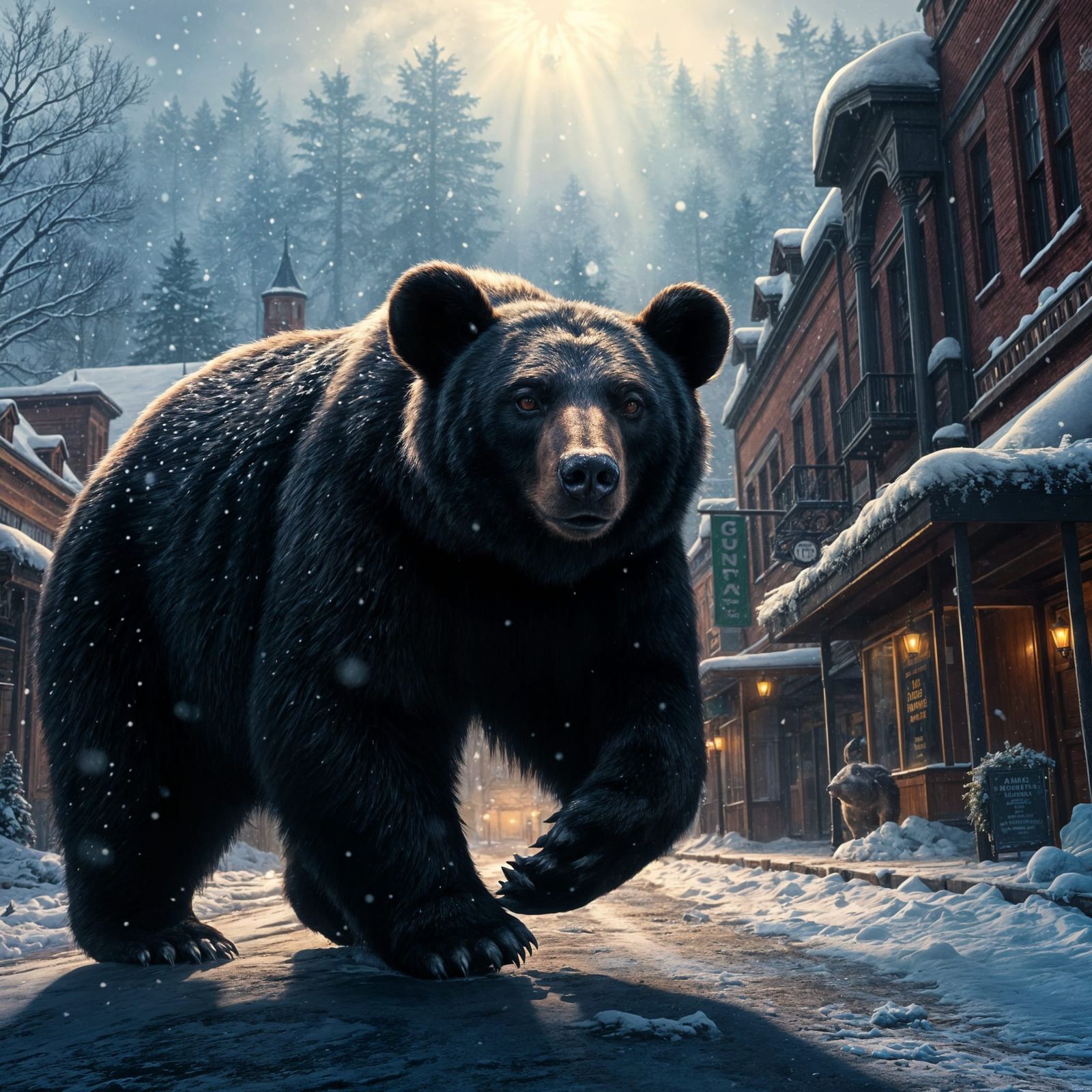 Black Bear in Gatlinburg Snowstorm: Detailed Matte Painting