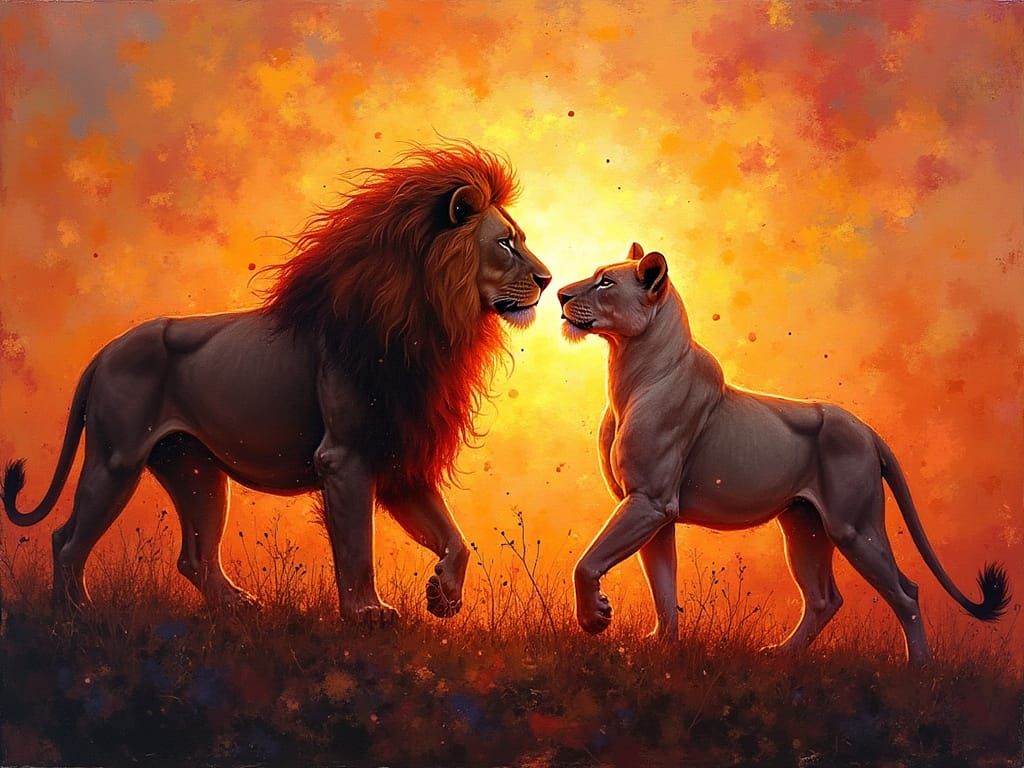 Lion Couple Courtesies on Fiery Savannah at Sunset