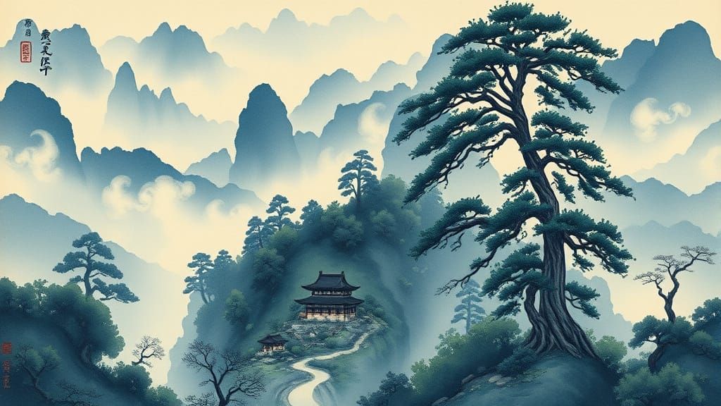 Blue Sumi-e Painting of a Wuxia Village