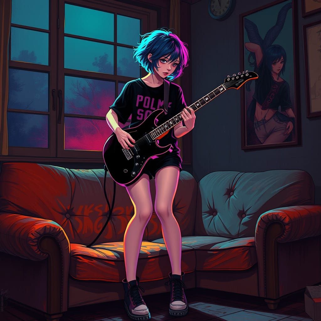 Ethereal Goth Girl Shreds Guitar in Moody Autumn Scene