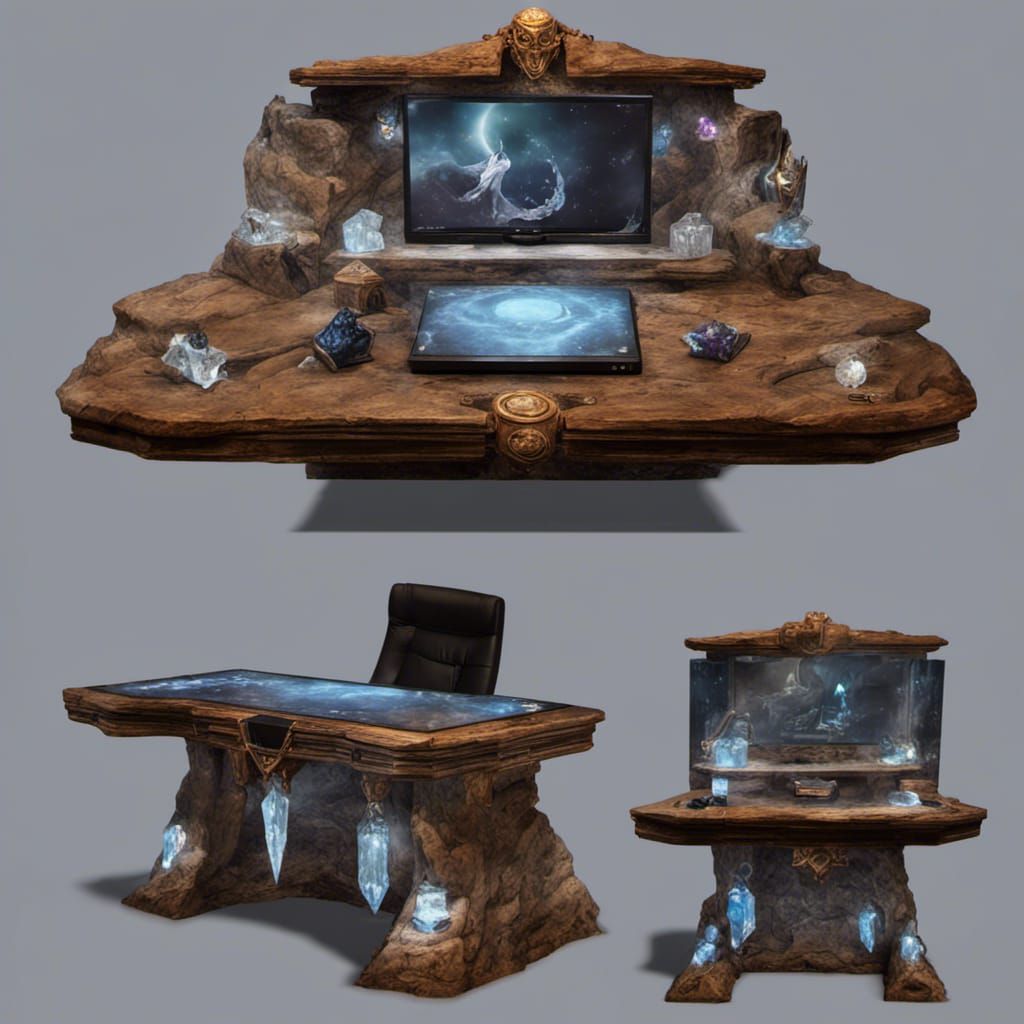 Fantasy Wizard PC Desk with Runes and Crystals
