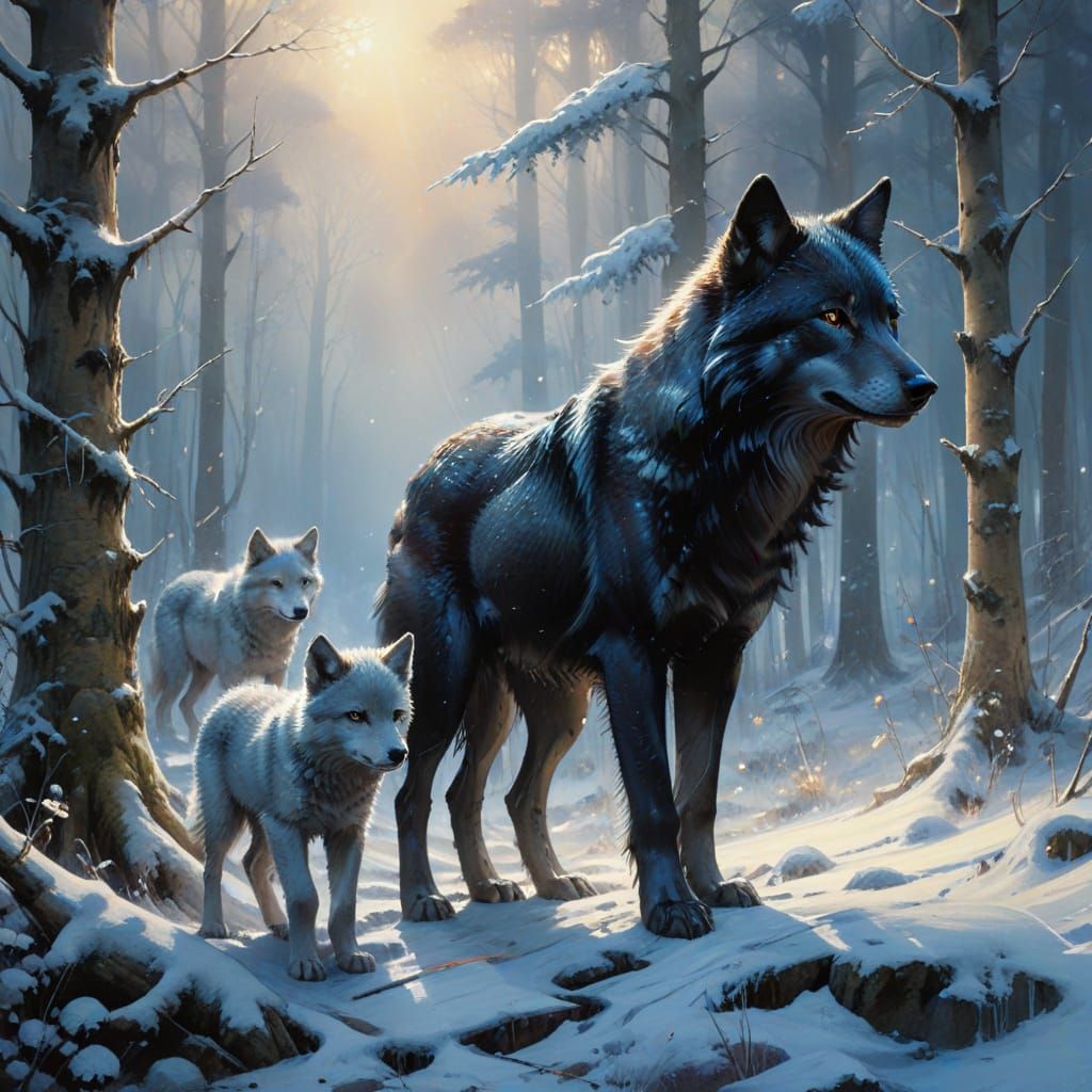 Majestic Shadow Wolf Family in Snowy Forest