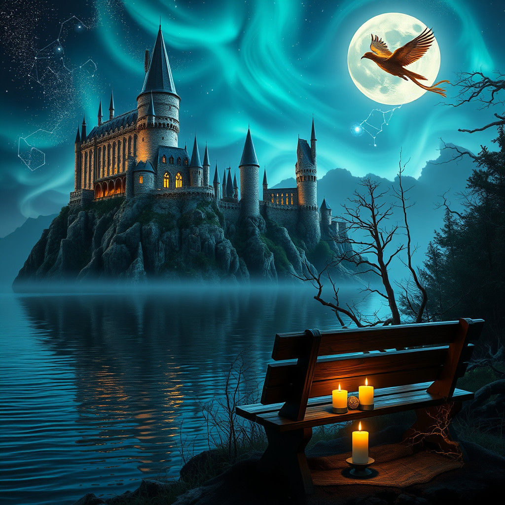 Moonlit Hogwarts Castle with Aurora Borealis